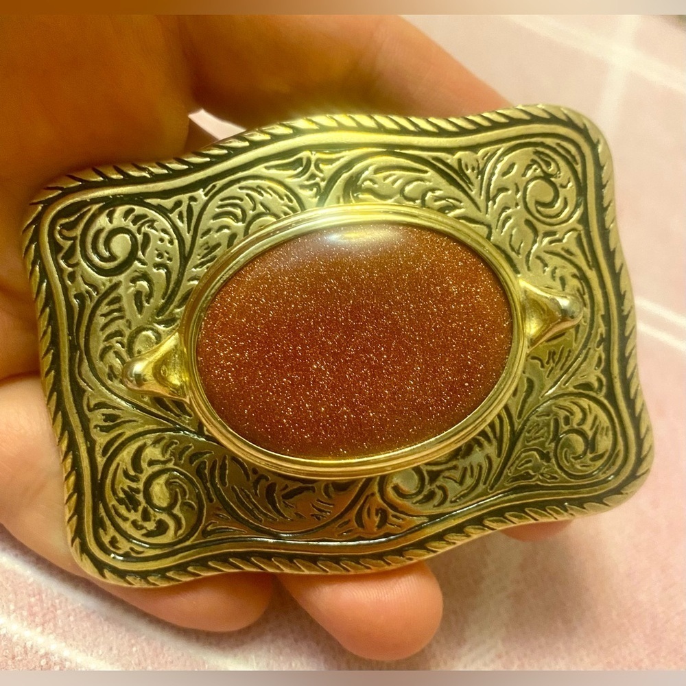 Vintage Gold tone and Aventurine stone Belt Buckle